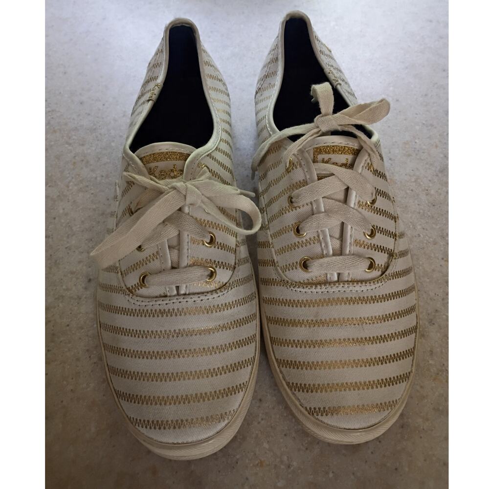 Keds White Metallic Gold Striped Sneakers Womens 9 Lace Up Canvas Shoes